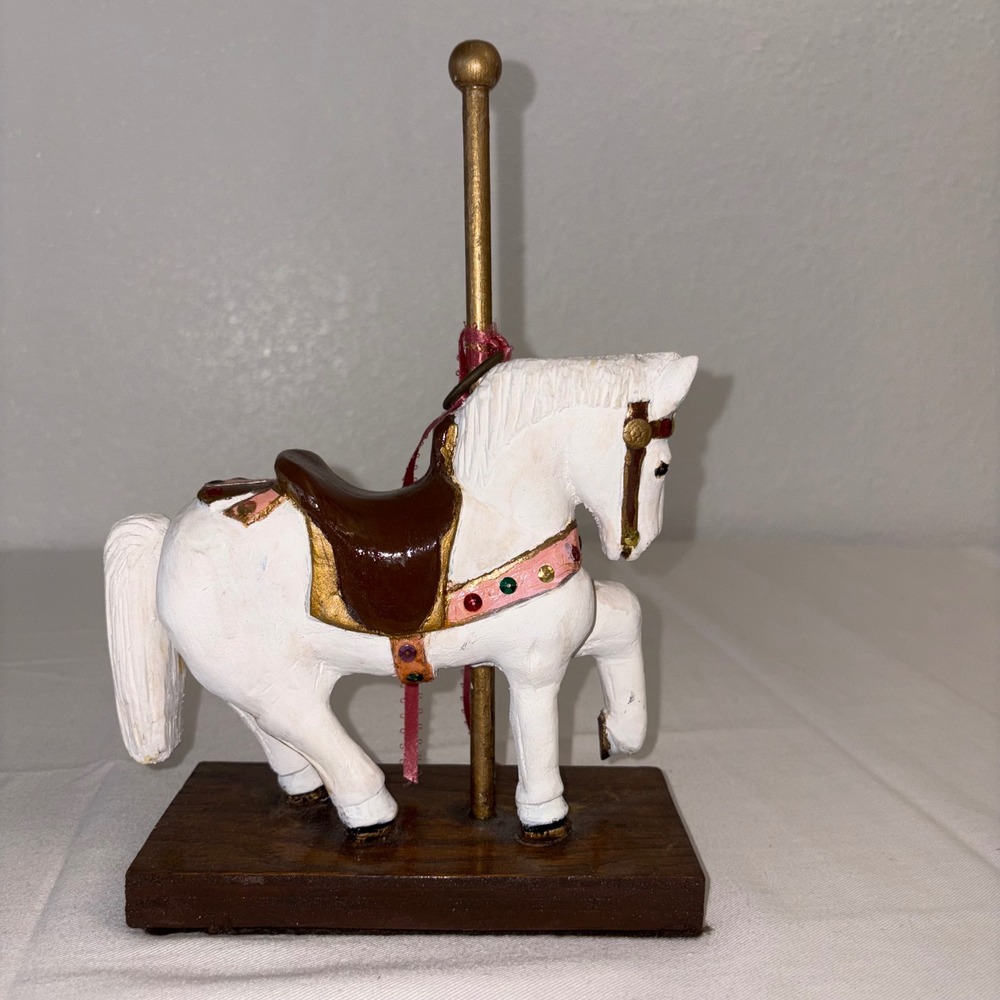 Vintage White‎ Carousel Horse Figurine with Brown Saddle and Pink Embellishments